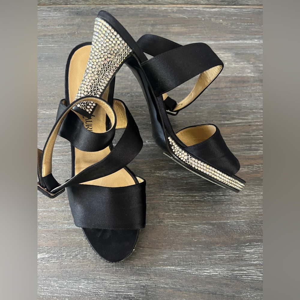 YVES SAINT LAURENT vintage 80s ankle strap heals with decorative crystals